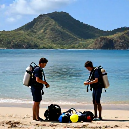 Caribbean Holidays, Dominica Diving March, Friendly scuba divers preparing equipment beside a tropical beach in Dominica, with calm sea and green hills in the background