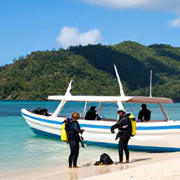 Caribbean Holidays, Dominica Diving May, Friendly scuba divers preparing equipment beside a small boat at a tropical bay in Dominica, with lush green hills behind