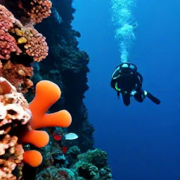 Caribbean Holidays, Dominica Diving May, Scuba diver swimming above a steep volcanic wall covered in sponges, corals and tropical fish in Dominica