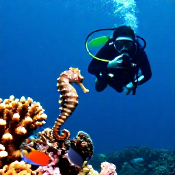 Caribbean Holidays, Dominica Diving November, A diver photographing a seahorse and colourful reef fish among coral on a Dominica dive site