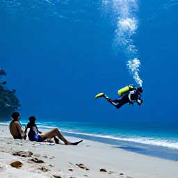 Caribbean Holidays, Dominica Diving November, Divers relaxing beside a quiet tropical beach near Roseau after a morning scuba dive in Dominica