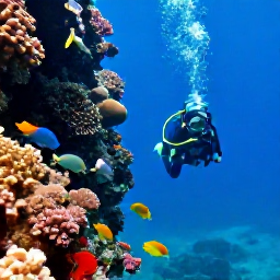 Caribbean Holidays, Dominica Diving October, Clear Caribbean sea around Dominica, colourful coral reef, tropical fish and a scuba diver exploring a dramatic underwater wall