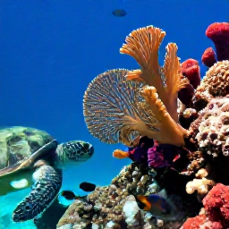 Caribbean Holidays, Dominica Diving October, Close-up underwater scene in Dominica with colourful sponges, sea fans, parrotfish, angelfish and a green turtle near a coral reef