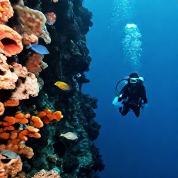 Caribbean Holidays, Dominica Diving October, Scuba diver descending beside a steep volcanic reef wall in clear blue water, with sponges, corals and tropical fish in Dominica