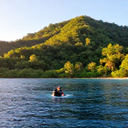 Caribbean Holidays, Dominica Diving October, Scuba diver surfacing beside a lush green Dominica coastline at golden afternoon light, with calm Caribbean water and rainforest-covered hills