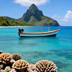 Caribbean Holidays, Dominica February Holidays, A colourful fishing boat and snorkellers in clear blue water off Dominica, with healthy coral, tropical fish and a rugged green coastline