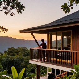 Caribbean Holidays, Dominica February Holidays, A comfortable eco-lodge in Dominica surrounded by rainforest, with a traveller relaxing on a veranda at sunset