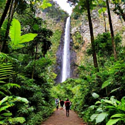 Caribbean Holidays, Dominica February Holidays, A lush Dominica rainforest trail leading to a beautiful waterfall, with a small group of walkers exploring the tropical landscape