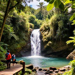 Caribbean Holidays, Dominica February Holidays, A lush rainforest trail in Dominica with a clear waterfall and natural pool, visited by holidaymakers in warm February sunshine