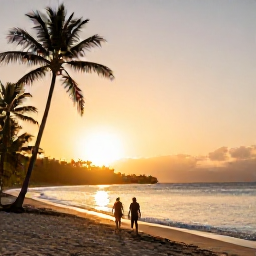 Caribbean Holidays, Dominica February Holidays, A peaceful Dominica beach at sunset in February, with palm trees, gentle waves and a couple enjoying a quiet walk