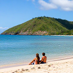 Caribbean Holidays, Dominica February Holidays, A sunny Caribbean beach in Dominica in February, with calm turquoise water, green hills and a relaxed couple enjoying the shoreline