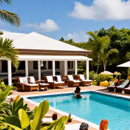 Caribbean Holidays, Dominica February Holidays, A welcoming all-inclusive resort in Dominica with an outdoor dining terrace, tropical gardens and guests relaxing beside a swimming pool