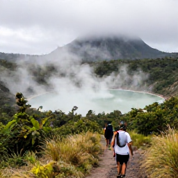 Caribbean Holidays, Dominica February Holidays, Boiling Lake in Dominica surrounded by misty volcanic mountains, with hikers on a dramatic rainforest trail