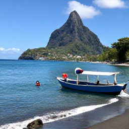 Caribbean Holidays, Dominica February Holidays, Clear Caribbean water and a black sand beach in Dominica, with snorkellers and a small traditional boat