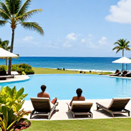 Caribbean Holidays, Dominica February Holidays, Travellers relaxing beside an all-inclusive resort pool in Dominica, with tropical gardens, palm trees and the Caribbean Sea nearby