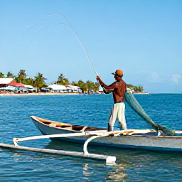 Caribbean Holidays, Dominica Fishing, A local fisherman casting from a traditional wooden boat near Dominica, with fishing nets, blue sea and a village shoreline