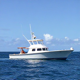 Caribbean Holidays, Dominica Fishing, A modern fishing charter boat travelling across deep blue water off Dominica under bright tropical sunshine