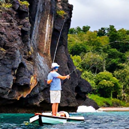 Caribbean Holidays, Dominica Fishing, Angler casting from a small boat beside rugged volcanic cliffs and lush rainforest on Dominica's coast