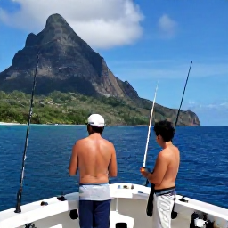 Caribbean Holidays, Dominica Fishing, Anglers preparing rods and tackle aboard a comfortable charter boat near Dominica, with open ocean, tropical sunlight and dramatic coastline