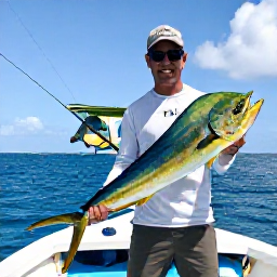 Caribbean Holidays, Dominica Fishing April, A friendly local guide helping an angler land a colourful mahi-mahi beside a fishing boat in Dominica