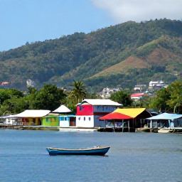 Caribbean Holidays, Dominica Fishing April, A relaxed waterfront in Roseau, Dominica, with colourful buildings, fishing boats and lush hills beyond