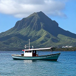 Caribbean Holidays, Dominica Fishing April, A small fishing boat on calm blue Caribbean water off Dominica, with the island's green volcanic mountains in the background