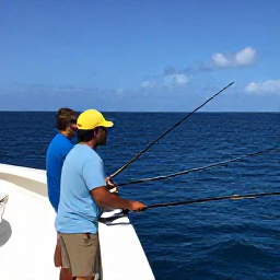 Caribbean Holidays, Dominica Fishing April, Anglers fishing from a comfortable charter boat near Dominica, with rods extended over clear deep-blue ocean