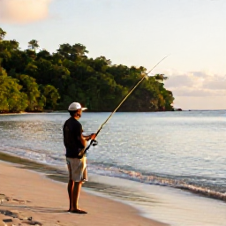 Caribbean Holidays, Dominica Fishing August, A relaxed angler standing on a Dominica beach at golden hour, with a light fishing rod, calm sea and forested coastline