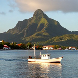 Caribbean Holidays, Dominica Fishing August, A small fishing boat travelling across calm Caribbean waters near Dominica at sunrise, with green volcanic mountains and a bright coastal village in the background