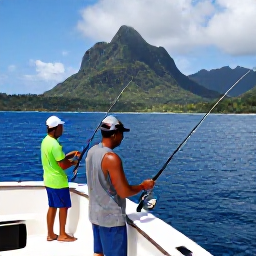 Caribbean Holidays, Dominica Fishing August, Anglers enjoying a deep-sea fishing trip off Dominica, with fishing rods over clear blue water and rainforest-covered mountains on the horizon