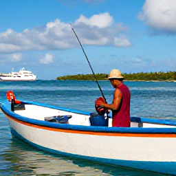 Caribbean Holidays, Dominica Fishing August, Local fishermen preparing rods and tackle beside a colourful wooden boat in a sunny Dominica harbour