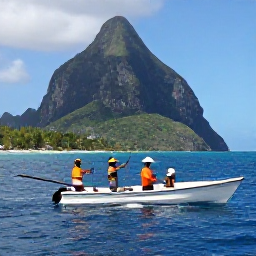 Caribbean Holidays, Dominica Fishing February, Anglers enjoying a deep-sea fishing charter in clear blue water near Dominica&rsquo;s dramatic coastline