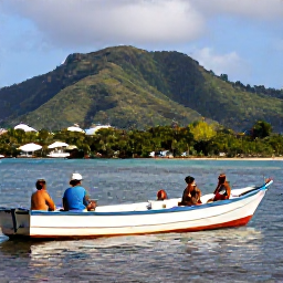 Caribbean Holidays, Dominica Fishing February, Visitors relaxing beside a fishing boat in Roseau after a successful day at sea, with tropical hills behind them