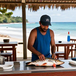 Caribbean Holidays, Dominica Fishing, Freshly caught fish being prepared at a relaxed seaside restaurant in Dominica, with the Caribbean coast visible beyond