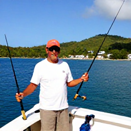 Caribbean Holidays, Dominica Fishing January, Friendly local fishing guide preparing rods and tackle aboard a charter boat in a Dominica harbour