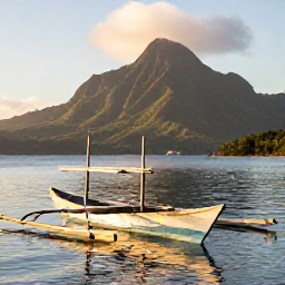 Caribbean Holidays, Dominica Fishing January, Traditional wooden fishing boat on calm Caribbean water off Dominica at sunrise, green volcanic mountains in the background