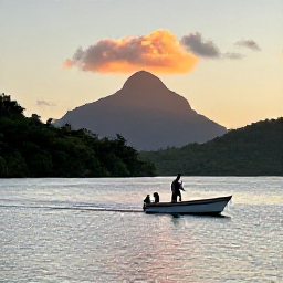 Caribbean Holidays, Dominica Fishing July, A peaceful Caribbean fishing trip at sunset with Dominica's mountains and rainforest in the background