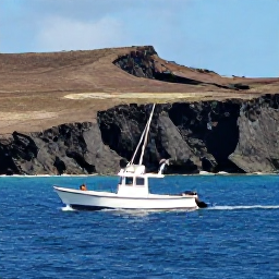 Caribbean Holidays, Dominica Fishing July, Anglers fishing from a boat in deep blue water beside Dominica's rugged volcanic coast