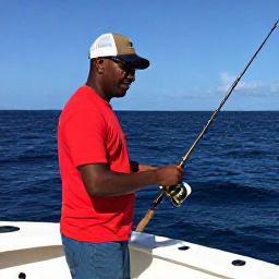Caribbean Holidays, Dominica Fishing July, Friendly local fishing guide preparing rods and tackle on a boat in Dominica