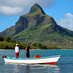 Caribbean Holidays, Dominica Fishing June, A friendly local fishing guide helping visitors cast from a traditional boat near Dominica&rsquo;s rugged green coastline
