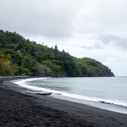 Caribbean Holidays, Dominica Fishing June, A quiet black-sand beach on Dominica after a light tropical shower, with fishing boats, palm trees and forested hills
