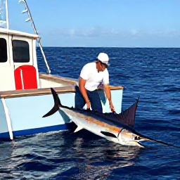 Caribbean Holidays, Dominica Fishing June, Anglers landing a powerful blue marlin beside a sport-fishing boat in deep blue water near Dominica