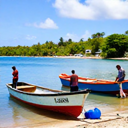 Caribbean Holidays, Dominica Fishing, Local fishermen preparing colourful wooden boats and fishing equipment in a small Dominica harbour
