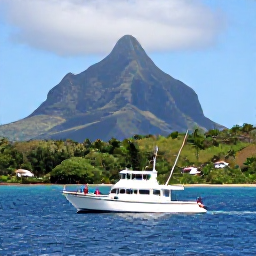 Caribbean Holidays, Dominica Fishing March, Anglers fishing from a modern charter boat near Dominica, tropical blue water, rugged green coastline and distant volcanic peaks