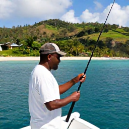 Caribbean Holidays, Dominica Fishing March, Friendly local fishing guide helping holidaymakers prepare rods on a boat, with Dominica&rsquo;s lush coastline in the background