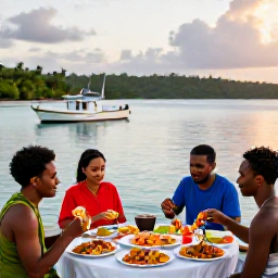 Caribbean Holidays, Dominica Fishing March, Holidaymakers enjoying a fresh seafood meal beside the sea in Dominica, with fishing boats and a tropical evening landscape