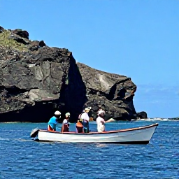 Caribbean Holidays, Dominica Fishing May, Anglers fishing from a small boat in deep blue water near Dominica's rugged volcanic coastline