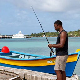 Caribbean Holidays, Dominica Fishing May, Friendly local fishing guide preparing rods beside a colourful boat in a Dominica harbour