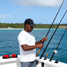 Caribbean Holidays, Dominica Fishing November, A friendly local fishing skipper preparing rods and tackle on a charter boat in Dominica, with the island coastline visible behind him