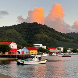 Caribbean Holidays, Dominica Fishing November, A peaceful Dominican harbour at sunset with fishing boats, colourful buildings and green hills, suggesting a relaxed Caribbean evening